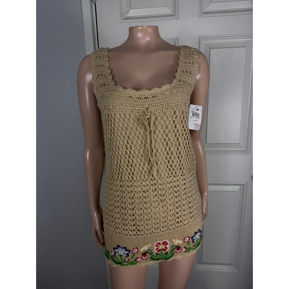 Vintage Y2K NOS J.J. Basics Shirt L Crochet Tank top Boho Hippie Tunic Floral R5